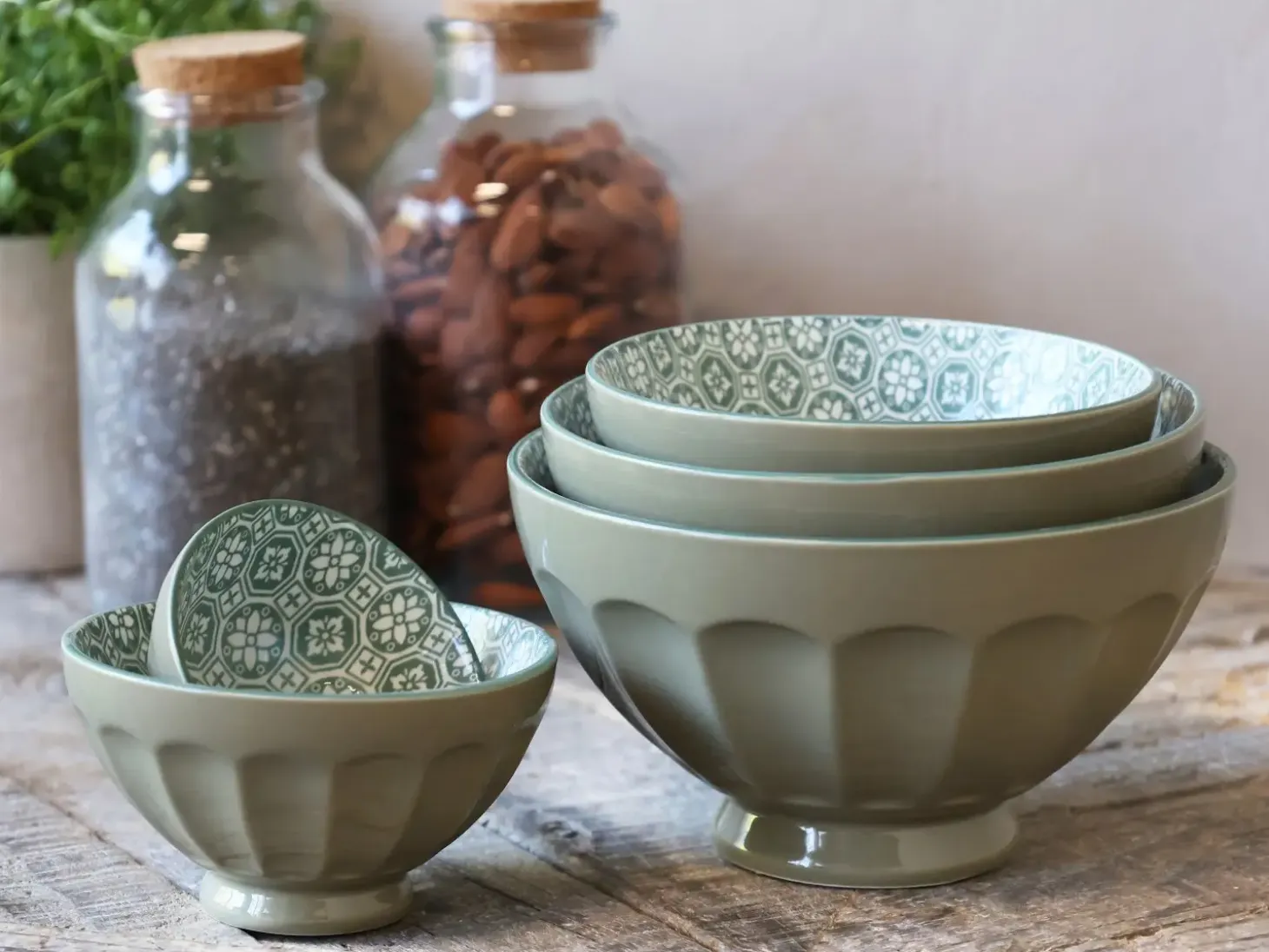 Chic Antique - Skåle - Arés Latteskål m. mønster - Sæt af 5 stk. - Grøn / Oliven