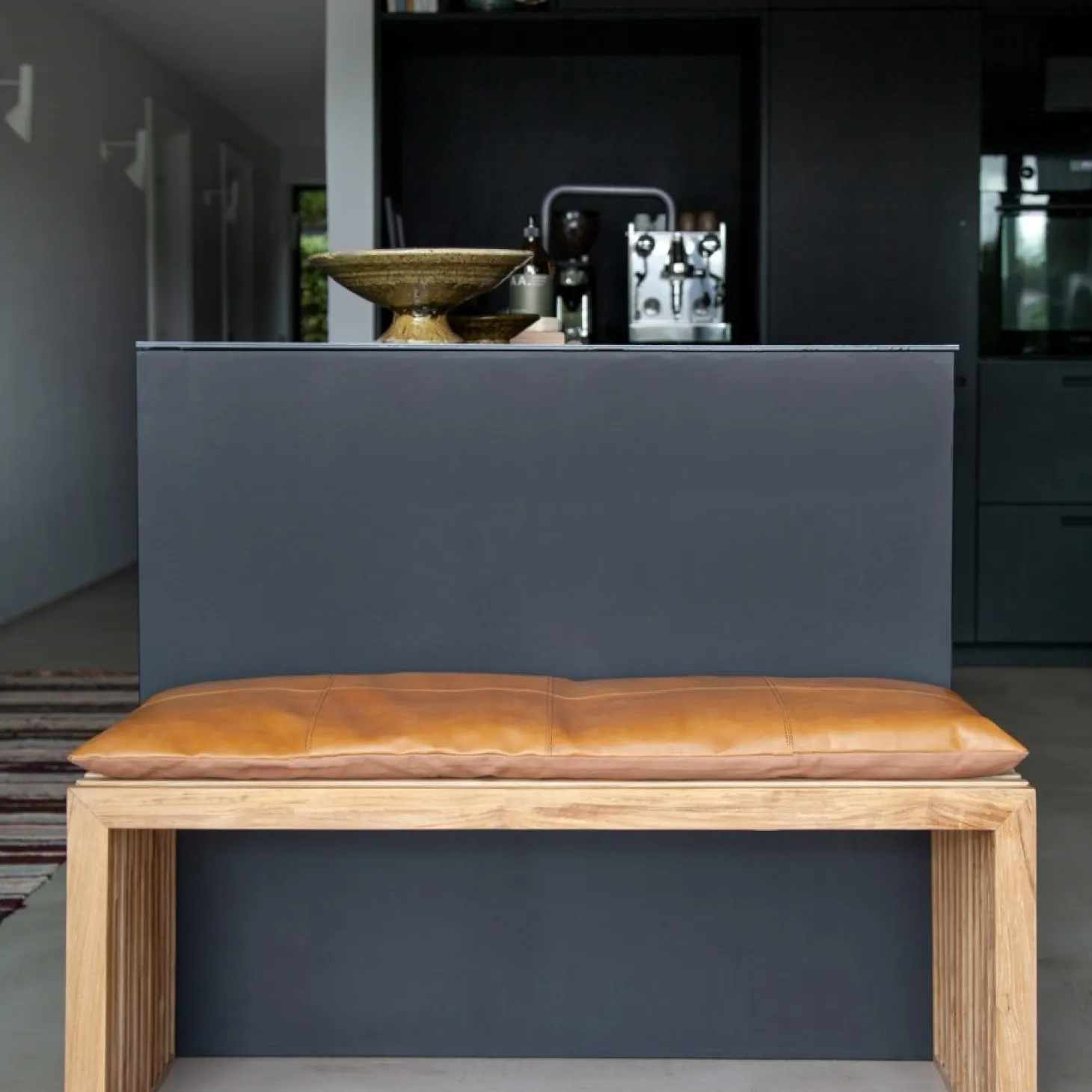 Cinas - Siddepude til 3-personers Rib bænk lysebrun læder, 104 x 35 cm