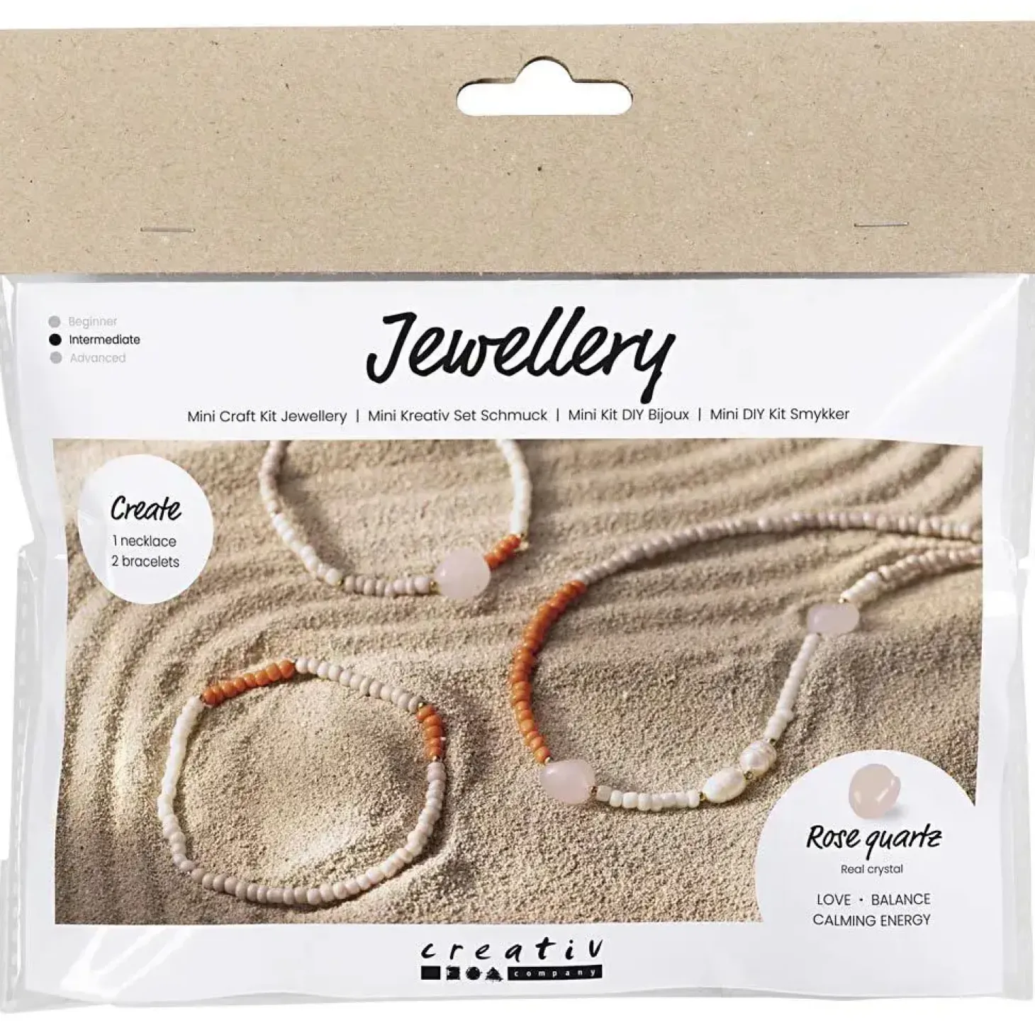 Creativ Company - Mini DIY Kit Smykker, Rosakvartshalskæde og -armbånd, 1 pk.