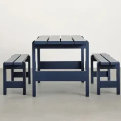 HAY Weekday bænk - 140 cm - Blå - Steel Blue - Lakeret Fyrretræ / Pinewood