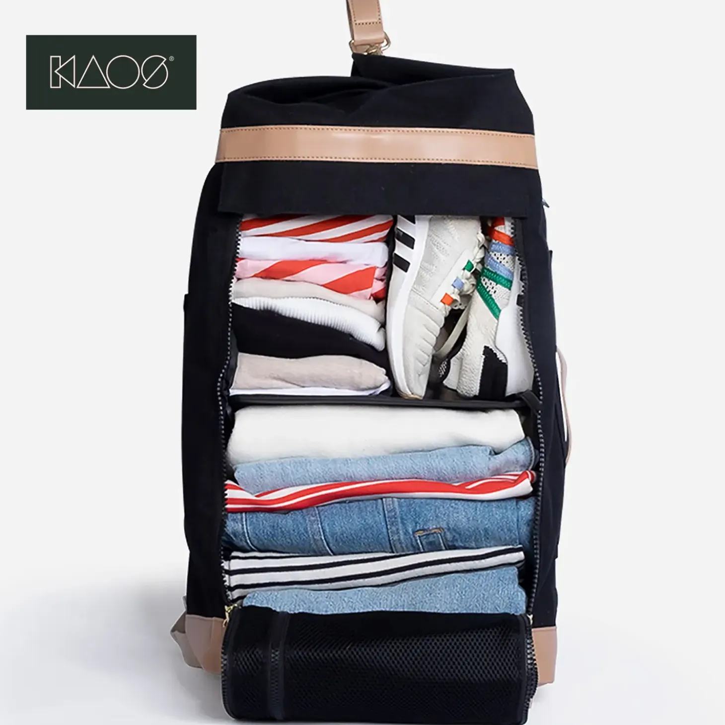 KAOS - Rygsæk, Weekend bag - 40 Liter - 28x50x28 cm - Sort med læder